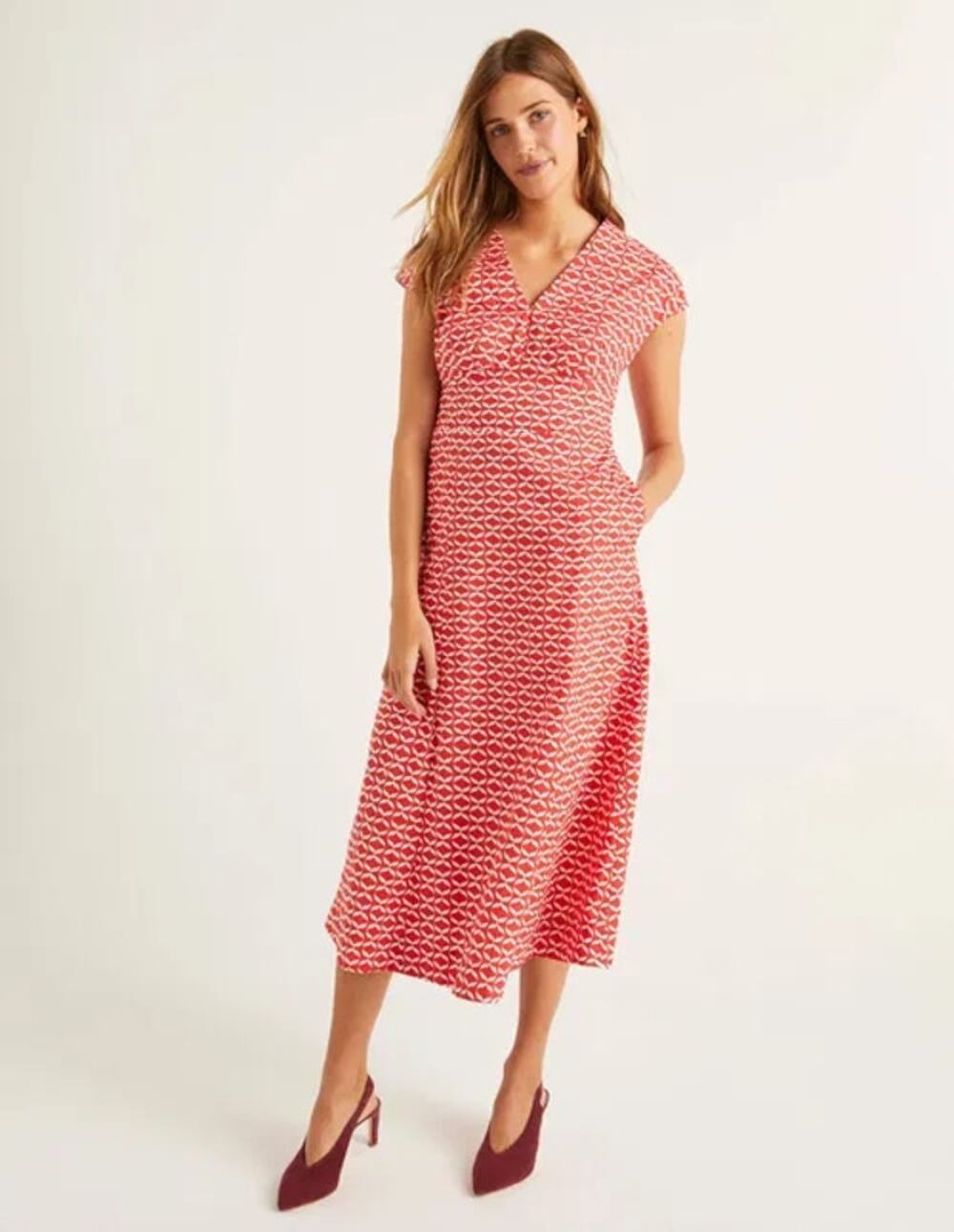 Boden Natasha Cotton Midi Dress Women's 6 Red White Print V-Neck Sleeveless